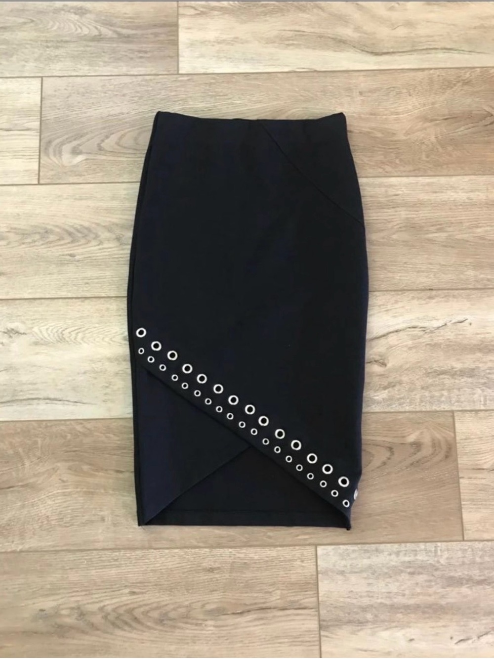 Romeo & Juliet Couture Black Asymmetrical Pencil Skirt with Silver Eyelets